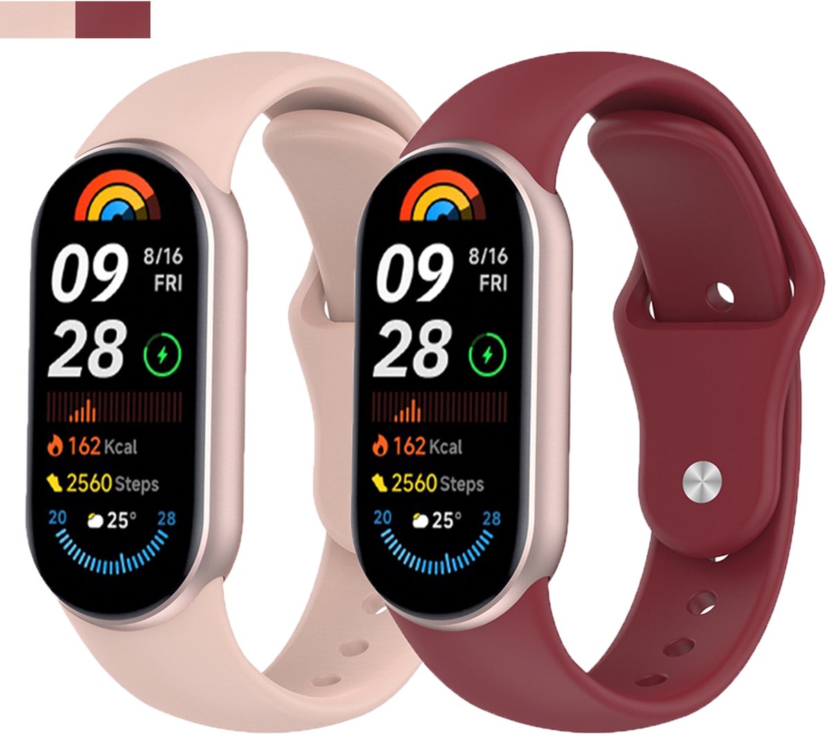 Stravo 2-Pack Siliconen Bandjes voor Xiaomi Smart Band 11 / 10 / 9 / 8 – Klassieke Sport Horlogebandjes met Druksluiting – Rood + Roze