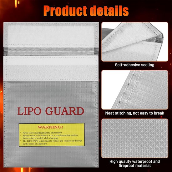 Grijze LIPO GUARD tas met zelfklevende sluiting, nette stiksels en vuur- en waterbestendig materiaal.