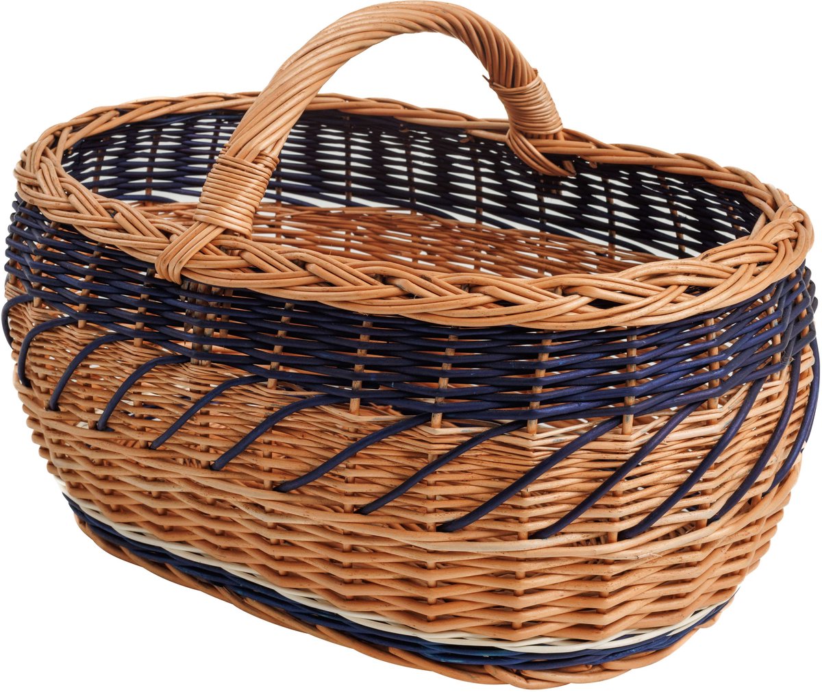 BOGATECO natuurlijke rieten mand met handvat| Grote boodschappenmand 45X30X23| Handgeweven, verkrijgbaar in vier kleuren| Opbergmand| Marktmand | MARINEBLAUW