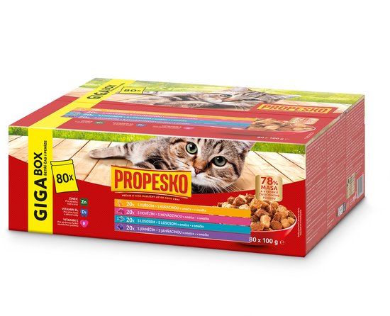 Propesko - Katten Natvoer - Maaltijdzakjes - 80x100g - kip, rund, zalm, lam