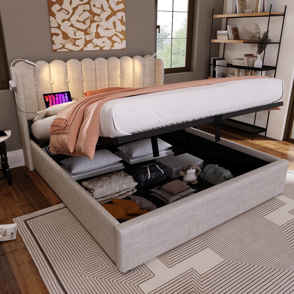 Polsterbed - 140x200 - Leeslamp - Uittrekbare laden - Hoofdsteun met opbergruimte - Linnen