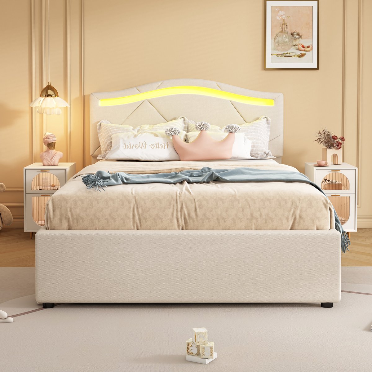 SONNENH Polsterbed 90x200 cm - Ongestoord kamerverlichting op afstand bedienbaar - Twee laden - Verstelbaar hoofdeinde Beige