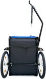 Achterkant van een blauwe fietskar met zwarte zijkanten, twee wielen en trekstang.