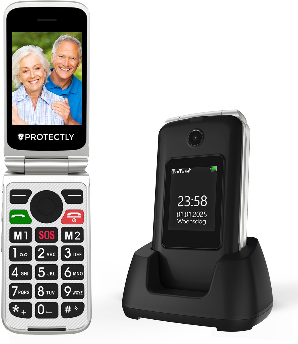 Protectly® Senioren Telefoon Klapbaar - 4G - SOS-Noodknop - Senioren Mobiele Telefoon - Senioren GSM - Grote Toetsen en 2.8″ Scherm - Oplaadstation - Nederlandstalig - Dubbel Scherm - Simlockvrij - Incl. Simkaart