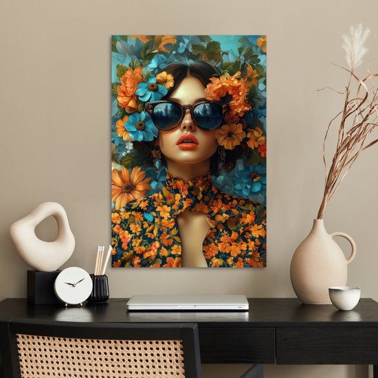 Affiche 40x60 cm - Femme - Fleurs - Oranje - Blauw - Moderne - Posters - Décoration chambre - Décoration murale salon - Décoration murale chambre