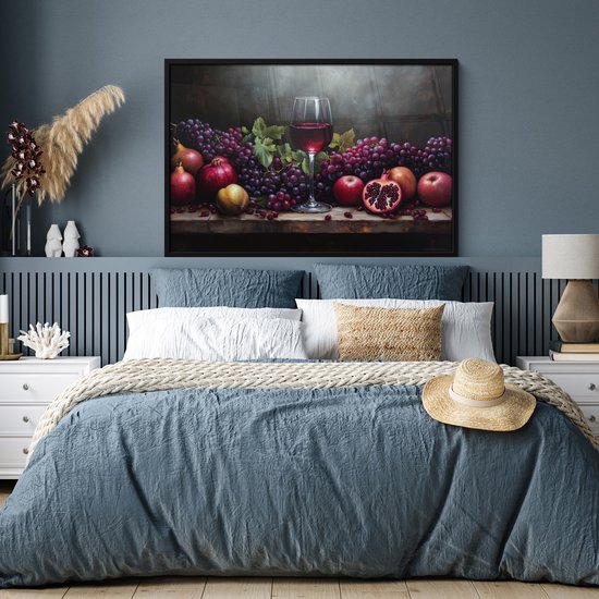 Affiche encadrée - Cadre photo 120x80 cm - Posters - Vin - Fruits - Nature morte - Poster cadre noir - Décoration - Décoration murale salon - Décoration murale chambre