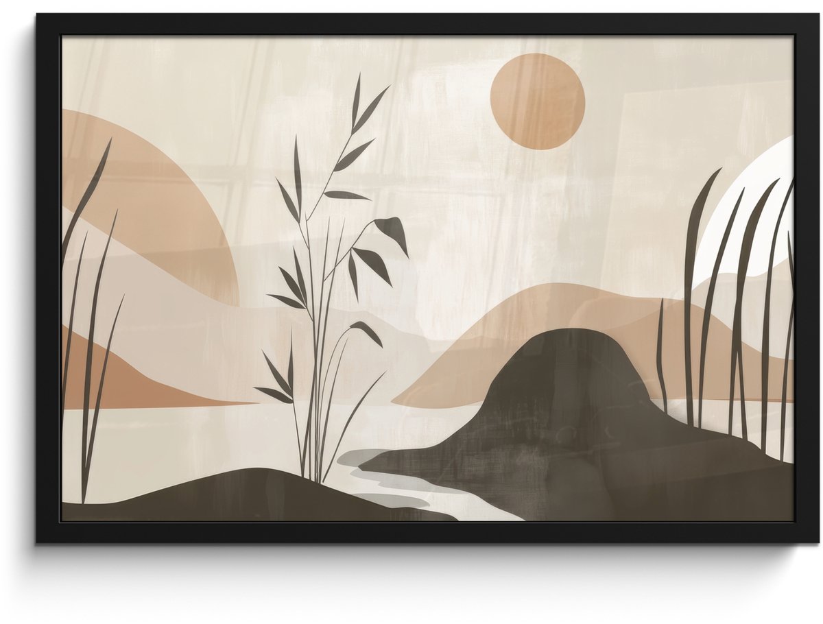 FrameYourWall Poster in lijst - Fotolijst 60x40 cm - Posters - Japandi - Landschap - Beige - Posterlijst zwart - Decoratie - Wanddecoratie woonkamer - Muurdecoratie slaapkamer Natuur