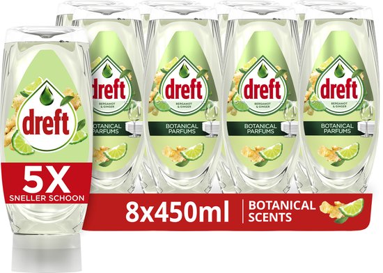 Foto: Dreft natuurlijke geur afwasmiddel bergamot gember ondersteboven fles 8 x 450 ml