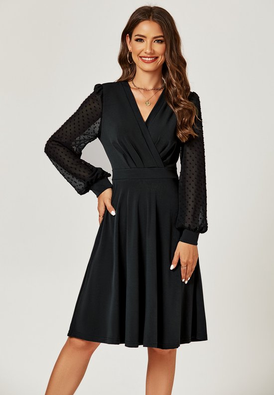 Robe midi plissée à manches longues en mousseline noire