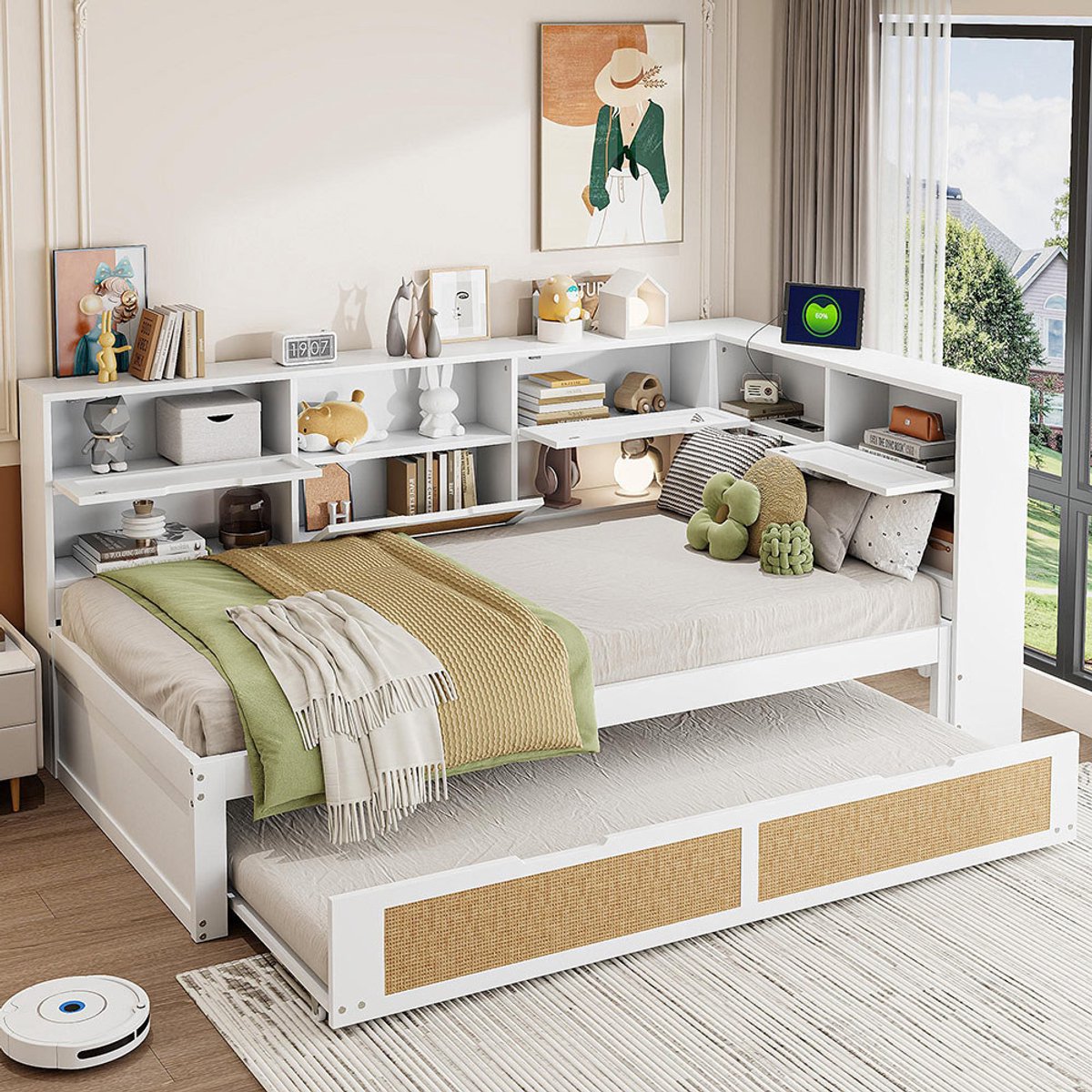 KOMHTOM BLACKCOLORS Slaapbank van hout 90*200 met uitschuifbaar bed Multifunctioneel eenpersoonsbed Kinderbed met veel opbergvakken en een oplaadaansluiting Wit
