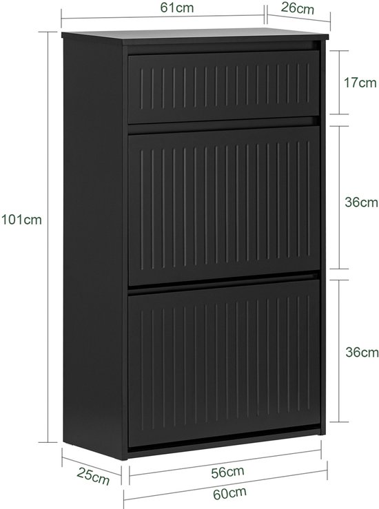 Afmetingen van een zwarte schoenenkast: hoogte 101cm, breedte 60cm, diepte 25cm.