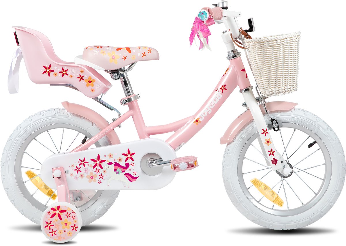 Joystar Unicorn Kinderfiets voor Meisjes - 14 Inch - Mand - Zijwieltjes - Bel - Handrem - Roze - Geschikt voor buitenactiviteiten in de lente