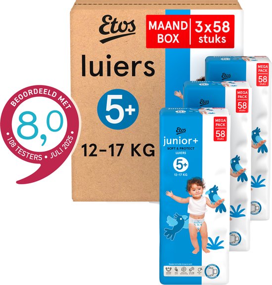 Etos Luiers - Maat 5+ - 12 tot 17 kg - Maandbox - 174 stuks