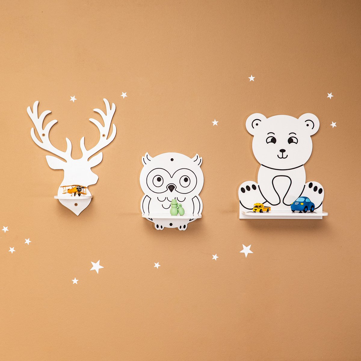 CozyCollections –Kinderboekenkast - Boekenrek - Speelgoedkast - Wandplaken - Dieren Wandrek Set – 3-delig (Hert, Uil & Beer) – Houten Wandplanken Kinderkamer
