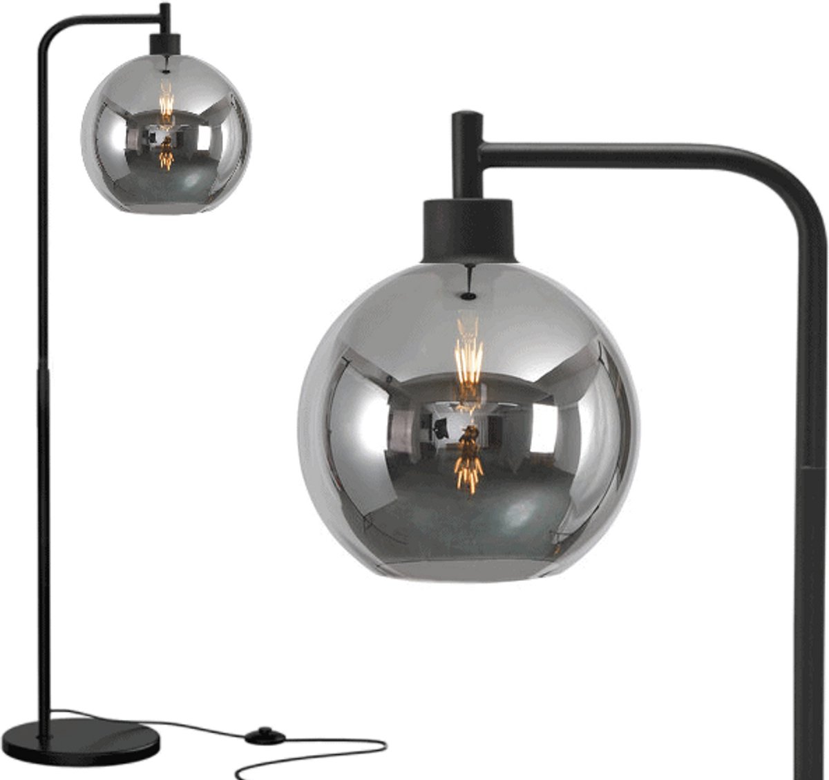 ByMus - Vloerlamp - Zwart - Smoke - Glas - Industrieel - E27 fitting - 168cm - Staande lamp - Industriële vloerlamp