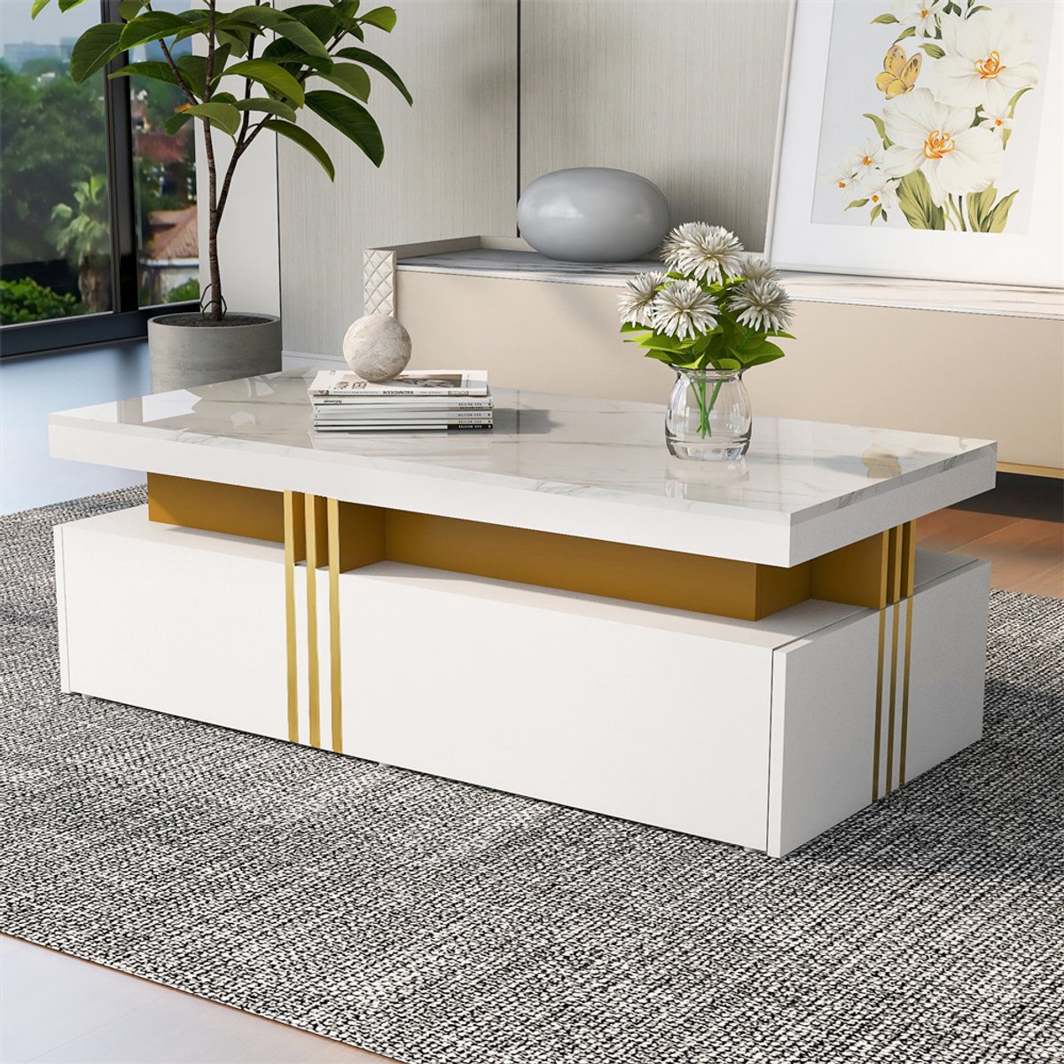 YEHTOKHOME Salontafel met marmerlook - Moderne rechthoekige koffietafel met 2 houten lades - Hoogglans afwerking - Gouden metalen rand - 100x50x40 cm - Wit