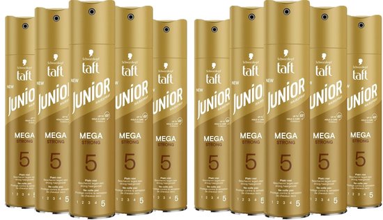 Tien bussen Taft Junior Mega Strong haarspray in goudkleurige verpakking met het cijfer 5.