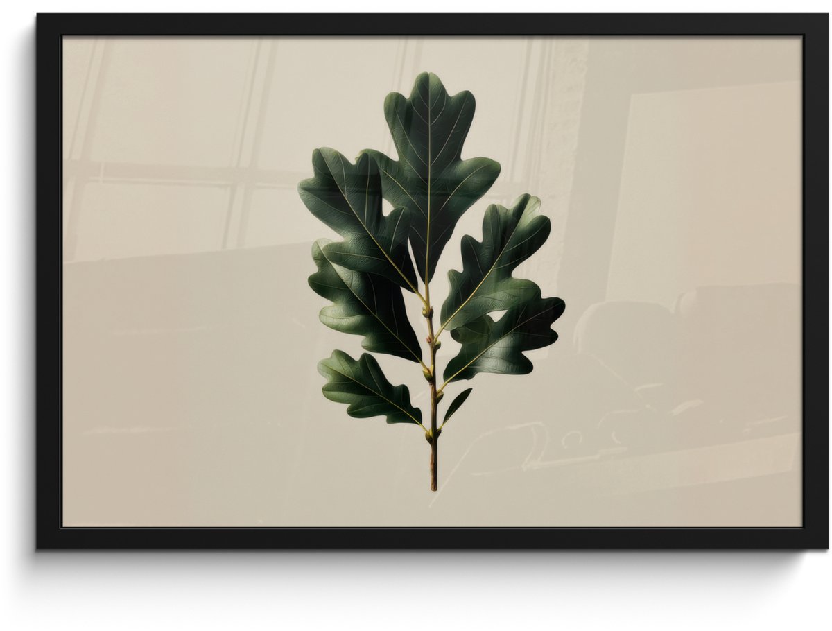 FrameYourWall Poster in lijst - Fotolijst 60x40 cm - Posters - Eikenbladeren - Beige - Groen - Golvende randen - Posterlijst zwart - Decoratie - Wanddecoratie woonkamer - Muurdecoratie slaapkamer