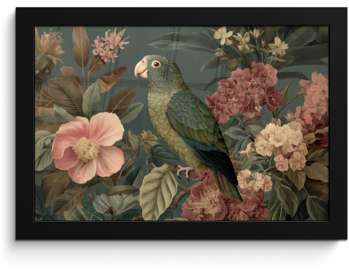 FrameYourWall Poster in lijst - Fotolijst 30x20 cm - Posters - Groene papegaai - Kleurrijke bloemen - Donkere achtergrond - Posterlijst zwart - Decoratie - Wanddecoratie woonkamer - Muurdecoratie slaapkamer Papegaai - Bloemen
