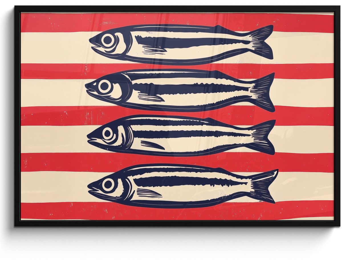 FrameYourWall Poster in lijst - Fotolijst 120x80 cm - Posters - Sardines - Rood en beige strepen - Posterlijst zwart - Decoratie - Wanddecoratie woonkamer - Muurdecoratie slaapkamer Sardines - Strepen