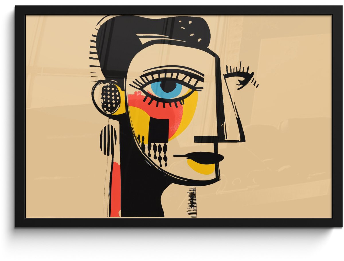 FrameYourWall Poster in lijst - Fotolijst 60x40 cm - Posters - Geometrisch - Felle kleuren - Kubistische stijl - Posterlijst zwart - Decoratie - Wanddecoratie woonkamer - Muurdecoratie slaapkamer Gezicht - Kunst