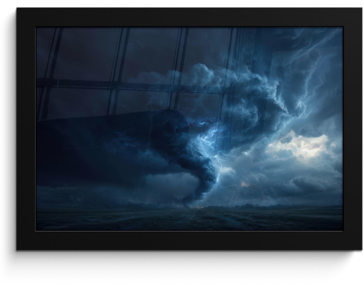 FrameYourWall Poster in lijst - Fotolijst 30x20 cm - Posters - Tornado - Duister - Wolken - Posterlijst zwart - Decoratie - Wanddecoratie woonkamer - Muurdecoratie slaapkamer Tornado - Bliksem