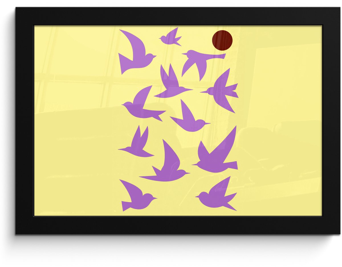FrameYourWall Poster in lijst - Fotolijst 30x20 cm - Posters - Vogels - Cirkel - Geel - Beweging - Posterlijst zwart - Decoratie - Wanddecoratie woonkamer - Muurdecoratie slaapkamer