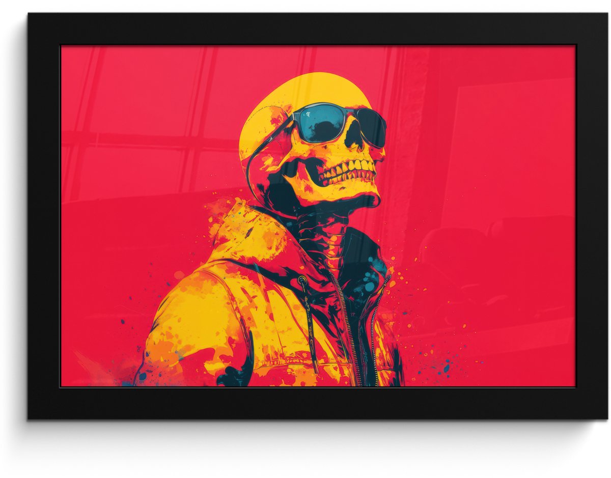 FrameYourWall Poster in lijst - Fotolijst 30x20 cm - Posters - Zonnebril - Schedel - Jas - Rood - Posterlijst zwart - Decoratie - Wanddecoratie woonkamer - Muurdecoratie slaapkamer Schedel - Zonnebril