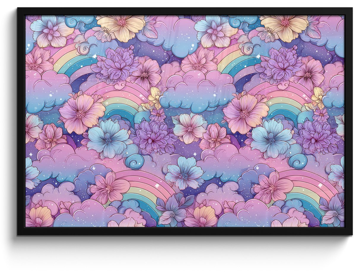 FrameYourWall Poster in lijst - Fotolijst 90x60 cm - Posters - Regenbogen - Bloemen - Kleurrijk - Wolken - Posterlijst zwart - Decoratie - Wanddecoratie woonkamer - Muurdecoratie slaapkamer