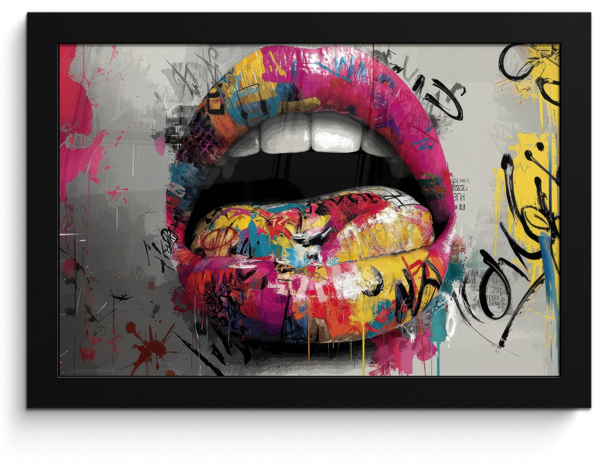 FrameYourWall Poster in lijst - Fotolijst 30x20 cm - Posters - Lippen - Graffiti - Expressief - Posterlijst zwart - Decoratie - Wanddecoratie woonkamer - Muurdecoratie slaapkamer