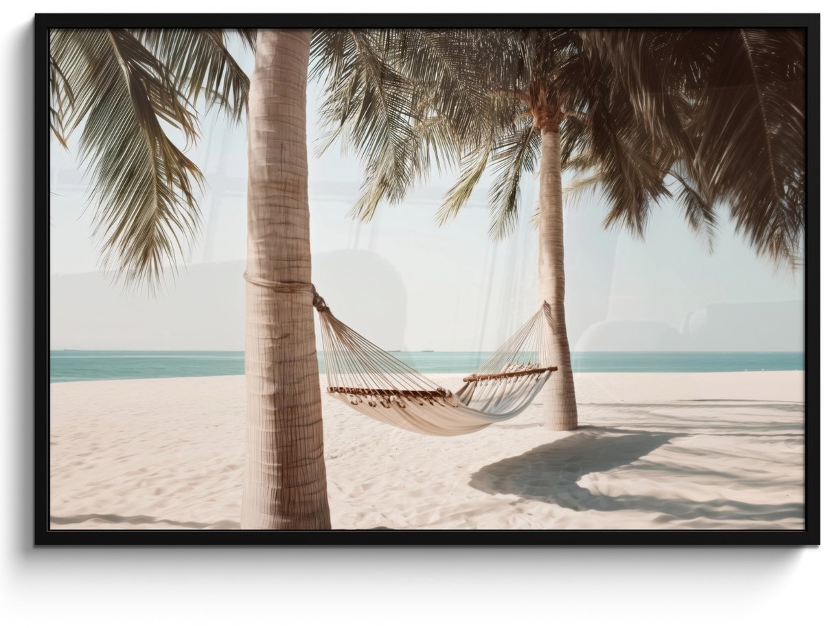 FrameYourWall Poster in lijst - Fotolijst 120x80 cm - Posters - Hangmat - Palmbomen - Strand - Zee - Posterlijst zwart - Decoratie - Wanddecoratie woonkamer - Muurdecoratie slaapkamer