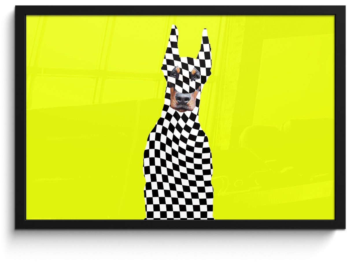 FrameYourWall Poster in lijst - Fotolijst 60x40 cm - Posters - Dobermann - Geblokt - Geel - Posterlijst zwart - Decoratie - Wanddecoratie woonkamer - Muurdecoratie slaapkamer Hond - Geblokt