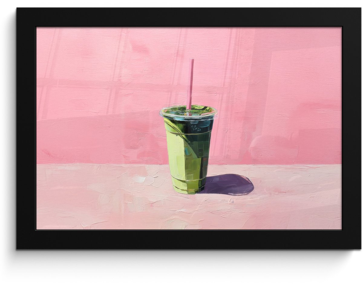 FrameYourWall Poster in lijst - Fotolijst 30x20 cm - Posters - Beker - Rietje - Minimalistisch - Groen - Posterlijst zwart - Decoratie - Wanddecoratie woonkamer - Muurdecoratie slaapkamer