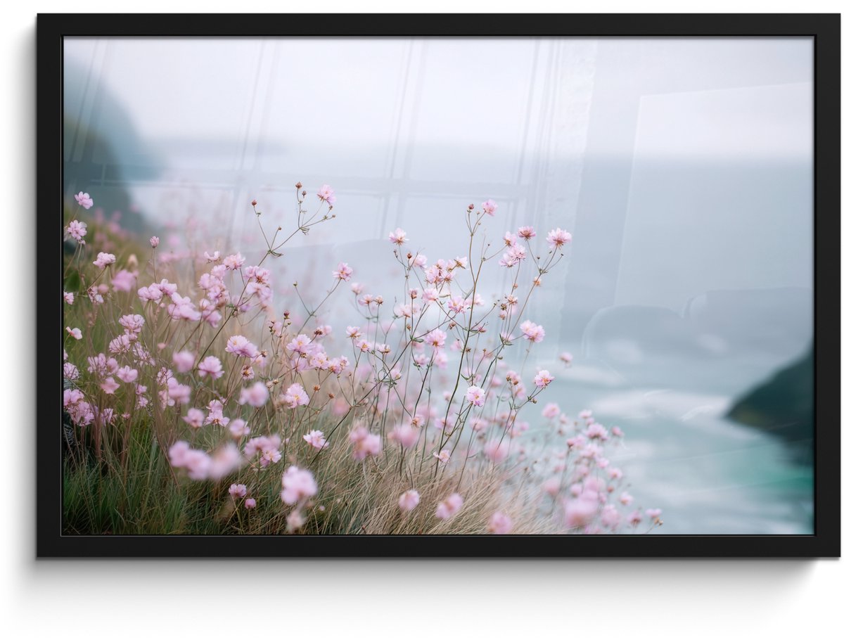 FrameYourWall Poster in lijst - Fotolijst 60x40 cm - Posters - Klif - Bloemen - Zee - Roze - Posterlijst zwart - Decoratie - Wanddecoratie woonkamer - Muurdecoratie slaapkamer