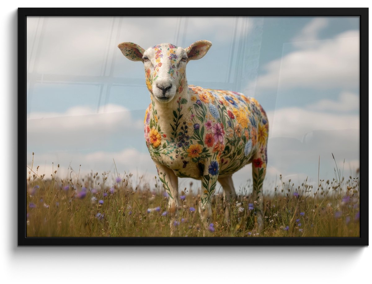 FrameYourWall Poster in lijst - Fotolijst 90x60 cm - Posters - Schaap - Bloemen - Weide - Posterlijst zwart - Decoratie - Wanddecoratie woonkamer - Muurdecoratie slaapkamer