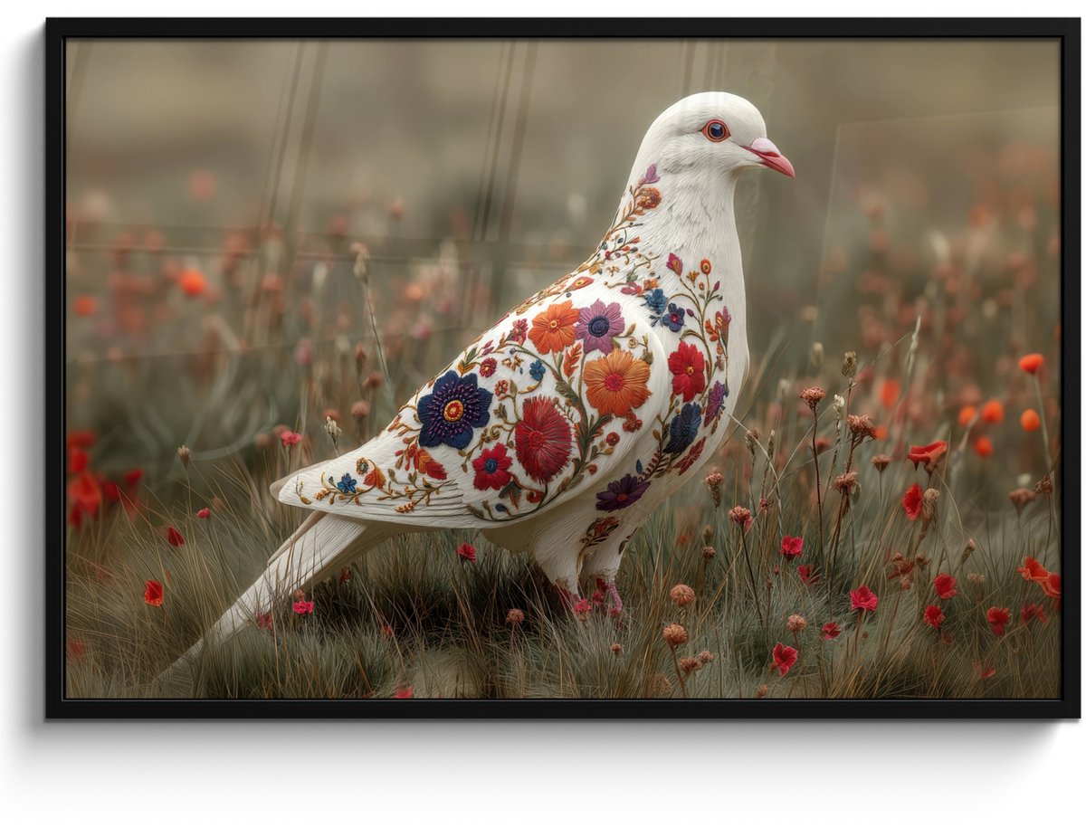 FrameYourWall Poster in lijst - Fotolijst 120x80 cm - Posters - Duif - Bloemen - Natuur - Posterlijst zwart - Decoratie - Wanddecoratie woonkamer - Muurdecoratie slaapkamer