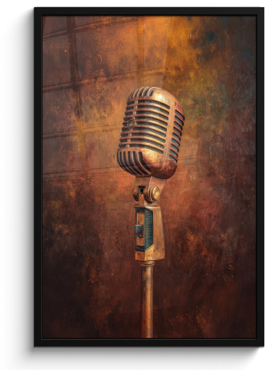 FrameYourWall Poster in lijst - Fotolijst 60x90 cm - Posters - Microfoon - Bruin - Klassiek - Posterlijst zwart - Decoratie - Wanddecoratie woonkamer - Muurdecoratie slaapkamer