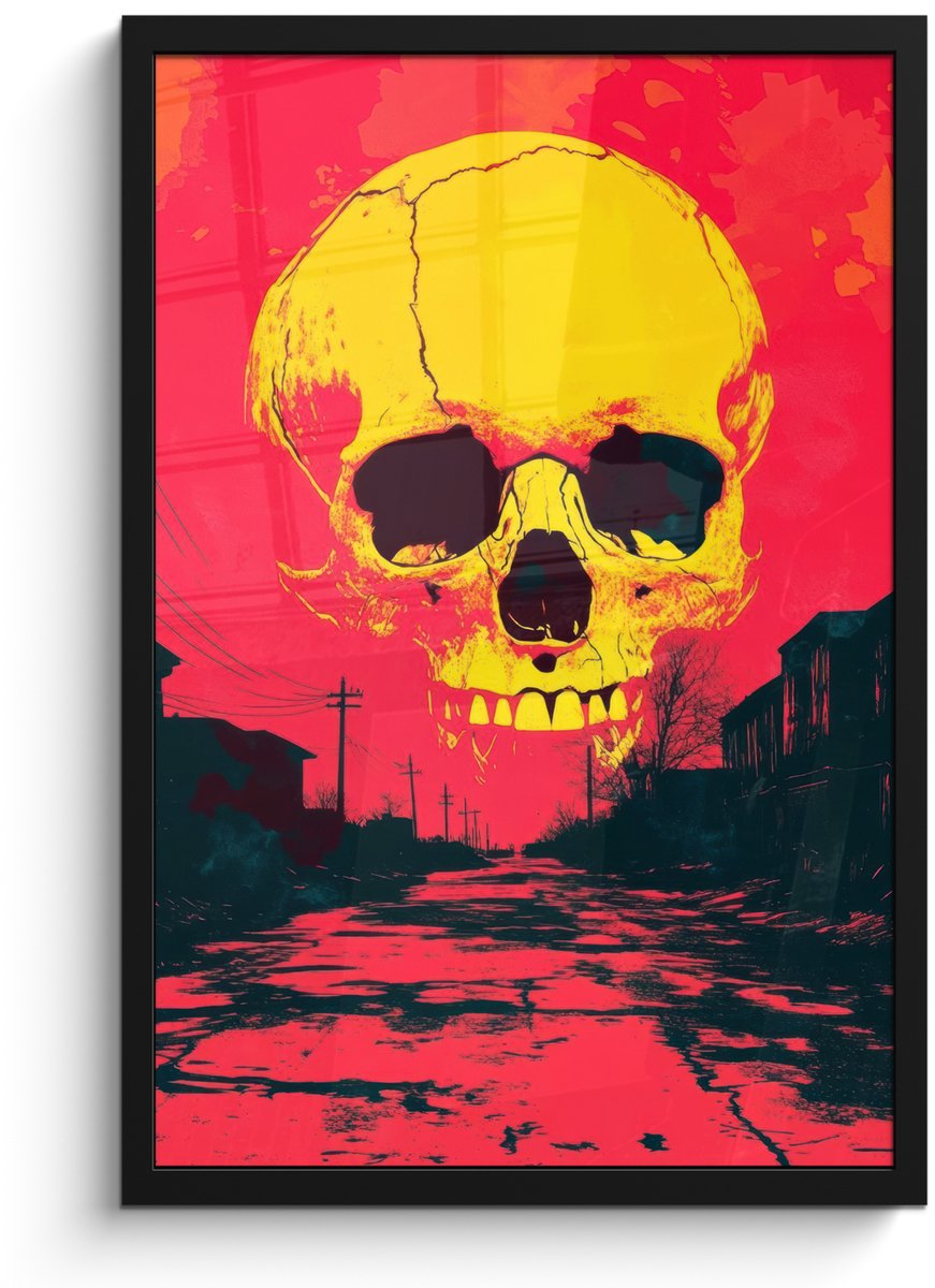 FrameYourWall Poster in lijst - Fotolijst 40x60 cm - Posters - Straat - Verlaten - Schedel - Geel - Posterlijst zwart - Decoratie - Wanddecoratie woonkamer - Muurdecoratie slaapkamer Schedel - Straat
