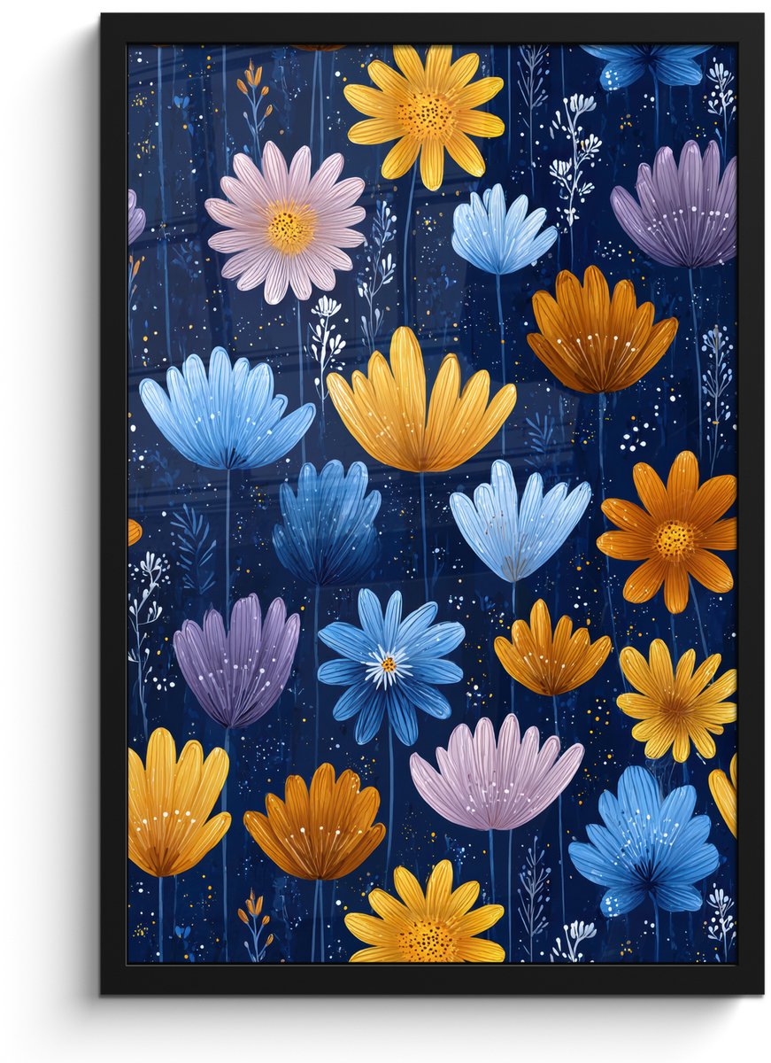 FrameYourWall Poster in lijst - Fotolijst 40x60 cm - Posters - Bloemen - Patroon - Blauw - Contrast - Posterlijst zwart - Decoratie - Wanddecoratie woonkamer - Muurdecoratie slaapkamer