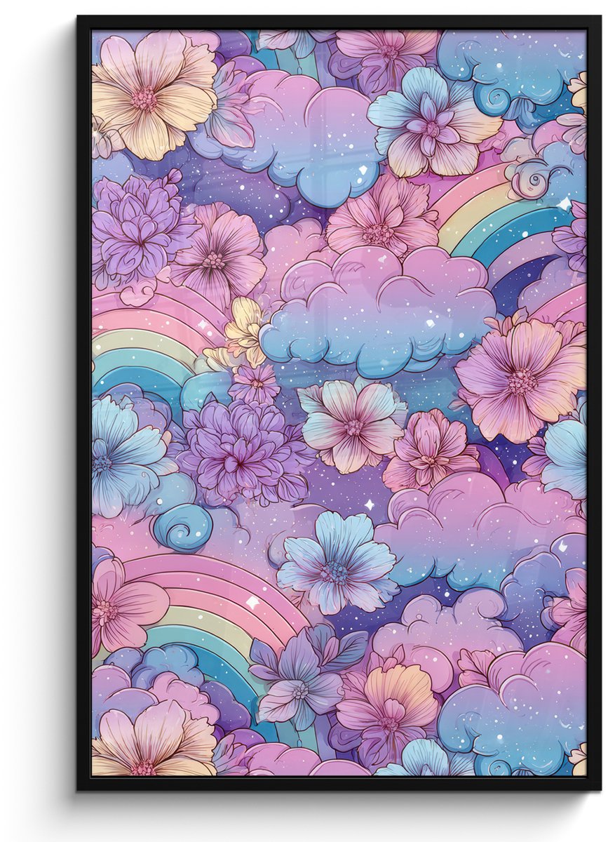 FrameYourWall Poster in lijst - Fotolijst 80x120 cm - Posters - Regenbogen - Bloemen - Kleurrijk - Wolken - Posterlijst zwart - Decoratie - Wanddecoratie woonkamer - Muurdecoratie slaapkamer