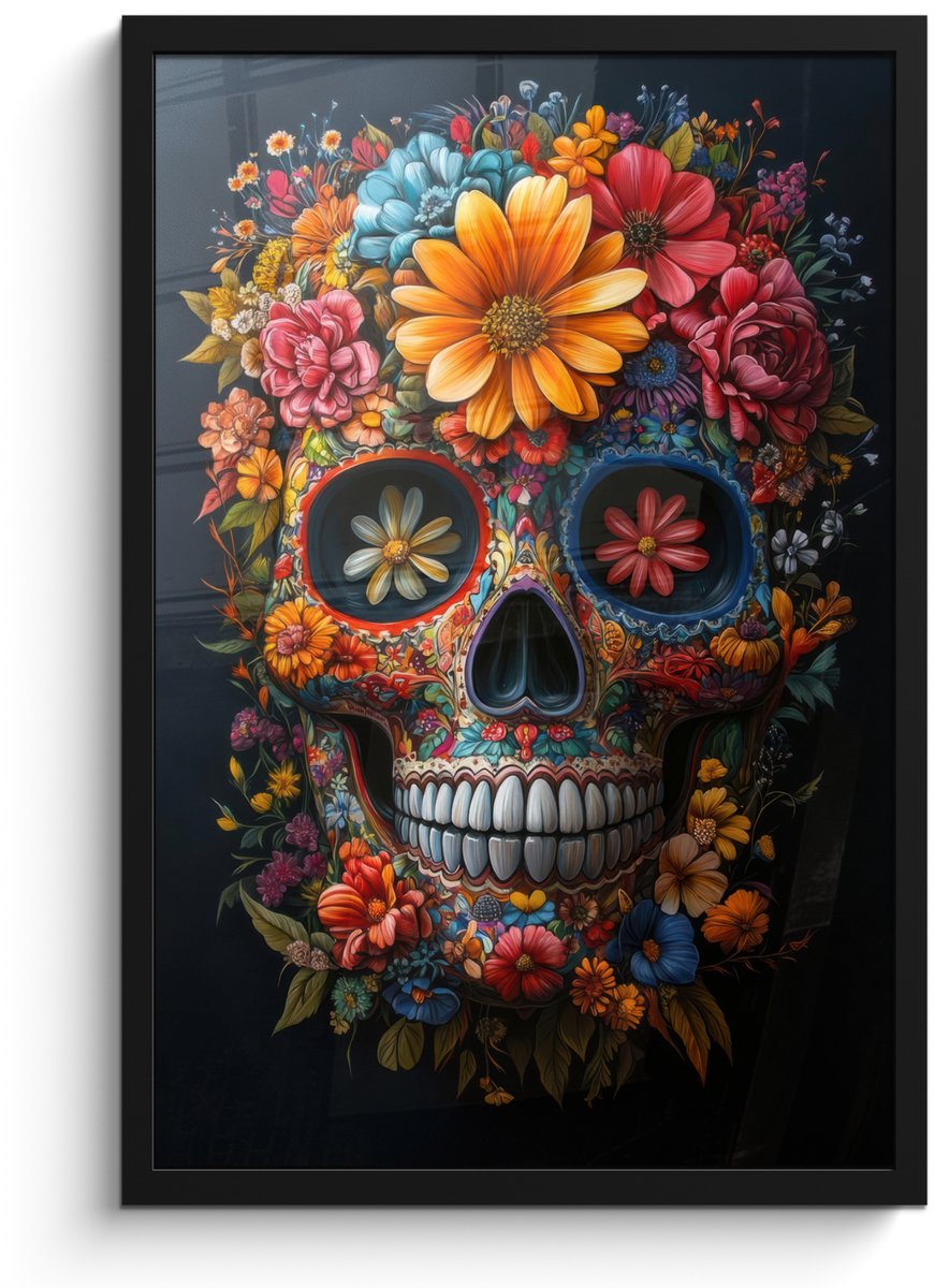 FrameYourWall Poster in lijst - Fotolijst 40x60 cm - Posters - Bloemen - Kleurrijk - Schedel - Posterlijst zwart - Decoratie - Wanddecoratie woonkamer - Muurdecoratie slaapkamer Schedel - Bloemen - Kleurrijk