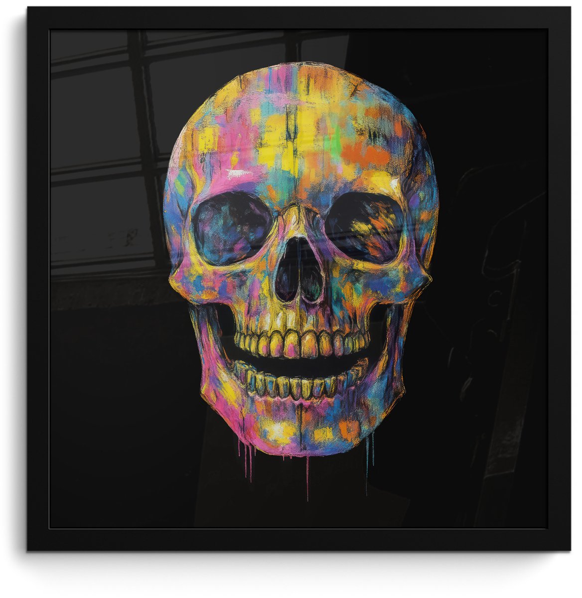 FrameYourWall Poster in lijst - Fotolijst 40x40 cm - Posters - Penseelstreken - Schedel - Kleurrijk - Abstract - Posterlijst zwart - Decoratie - Wanddecoratie woonkamer - Muurdecoratie slaapkamer Schedel - Penseelstreken
