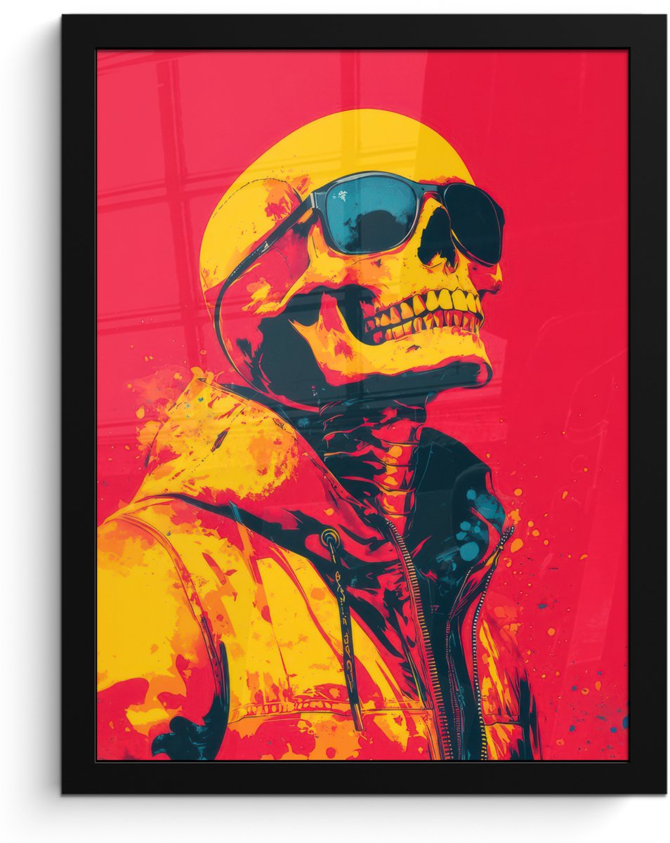 FrameYourWall Poster in lijst - Fotolijst 30x40 cm - Posters - Zonnebril - Schedel - Jas - Rood - Posterlijst zwart - Decoratie - Wanddecoratie woonkamer - Muurdecoratie slaapkamer Schedel - Zonnebril