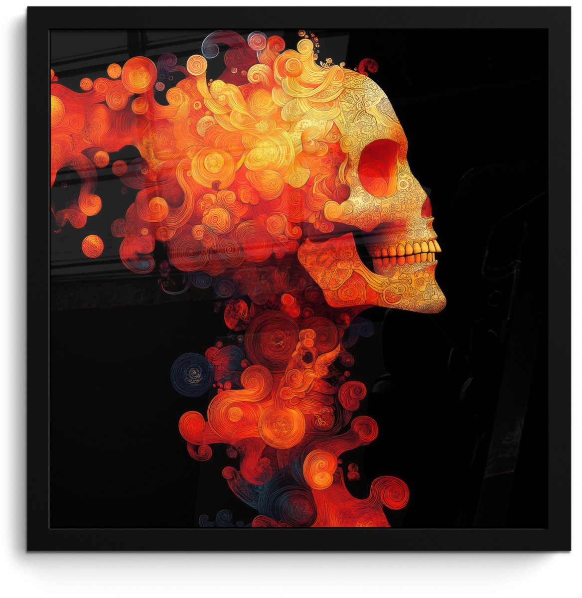 FrameYourWall Poster in lijst - Fotolijst 40x40 cm - Posters - Schedel - Oranje - Zijaanzicht - Vlammen - Posterlijst zwart - Decoratie - Wanddecoratie woonkamer - Muurdecoratie slaapkamer Schedel - Vlammen