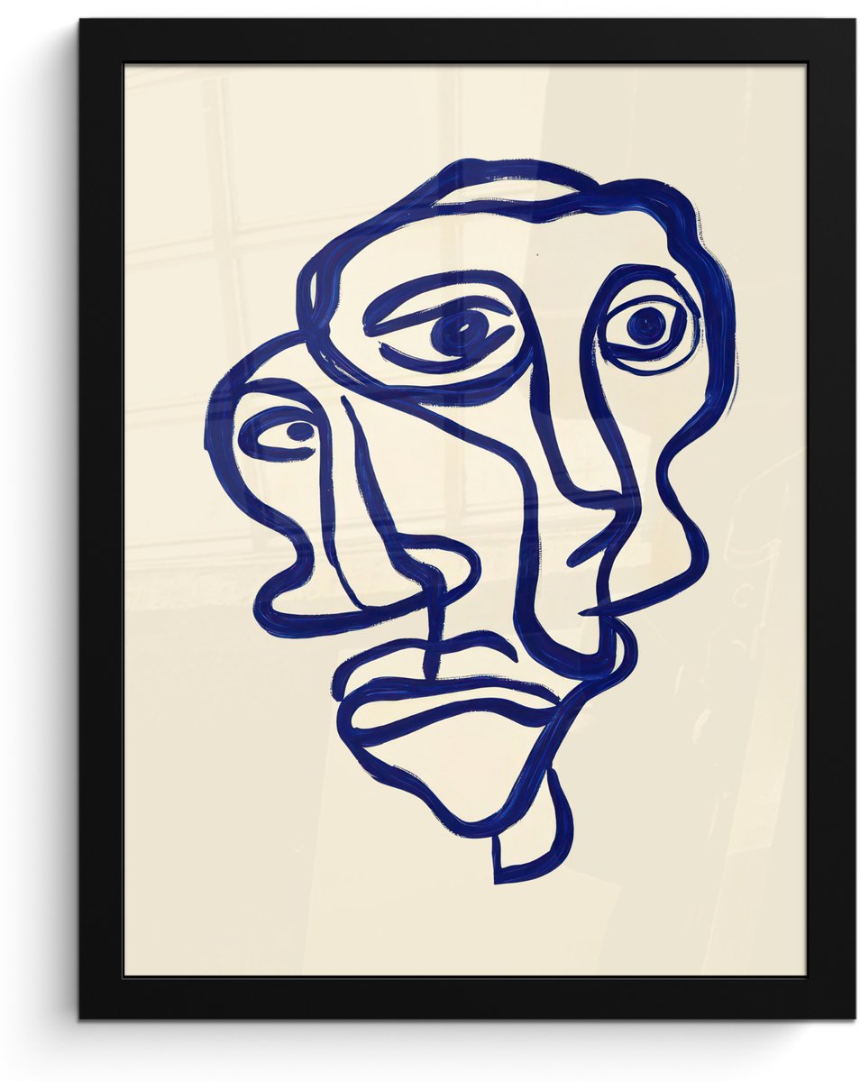 FrameYourWall Poster in lijst - Fotolijst 30x40 cm - Posters - Lijntekening - Overlappende gezichten - Donkerblauw - Posterlijst zwart - Decoratie - Wanddecoratie woonkamer - Muurdecoratie slaapkamer Overlappend - Gezichten