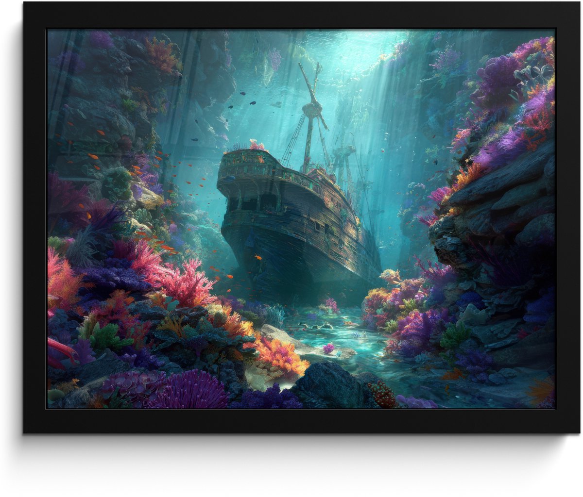 FrameYourWall Poster in lijst - Fotolijst 40x30 cm - Posters - Schip - Hout - Koraalriffen - Zonlicht - Posterlijst zwart - Decoratie - Wanddecoratie woonkamer - Muurdecoratie slaapkamer