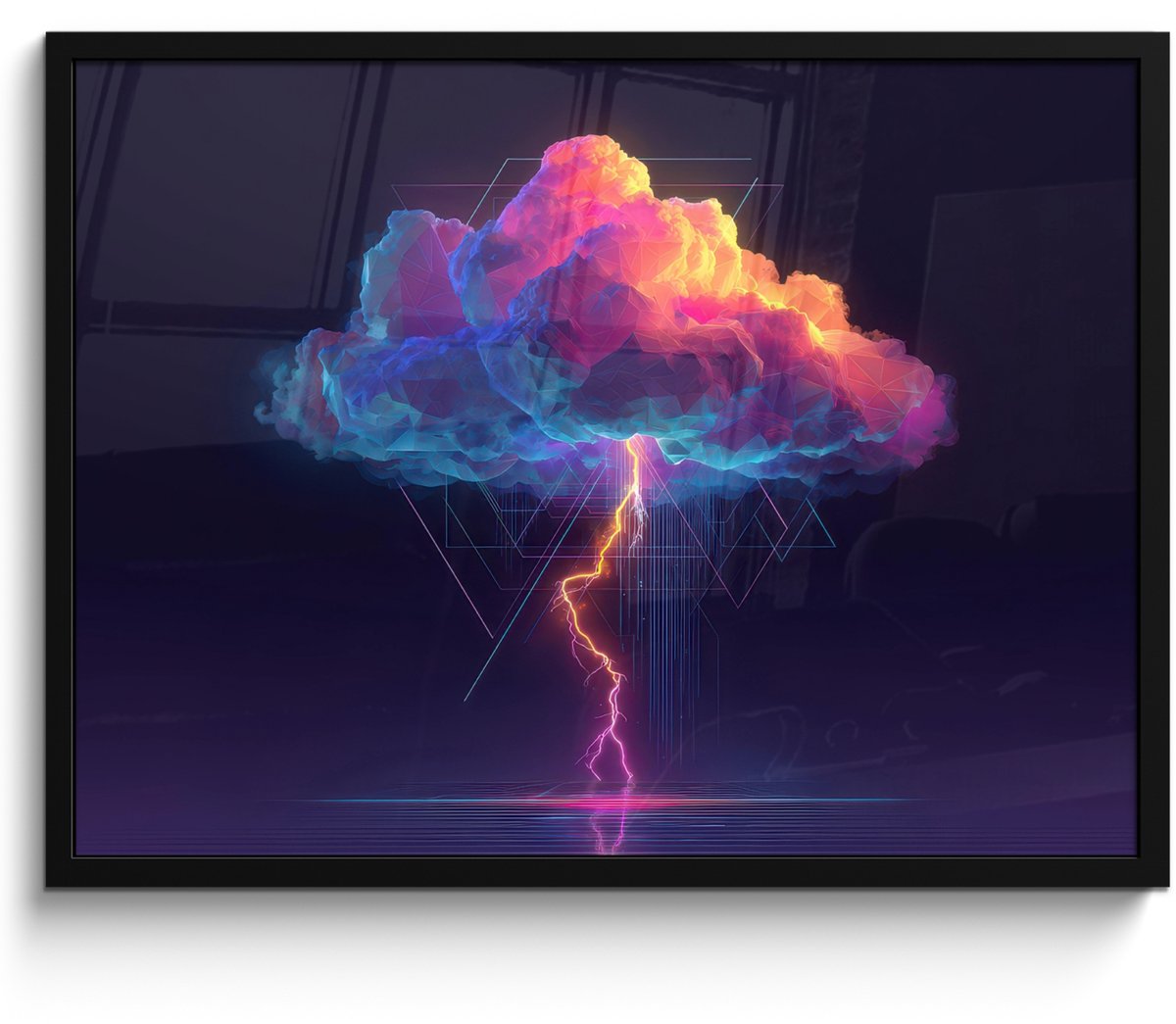 FrameYourWall Poster in lijst - Fotolijst 80x60 cm - Posters - Donderwolk - Bliksemschicht - Licht - Blauw - Posterlijst zwart - Decoratie - Wanddecoratie woonkamer - Muurdecoratie slaapkamer Wolk - Bliksemschicht - Driehoeken