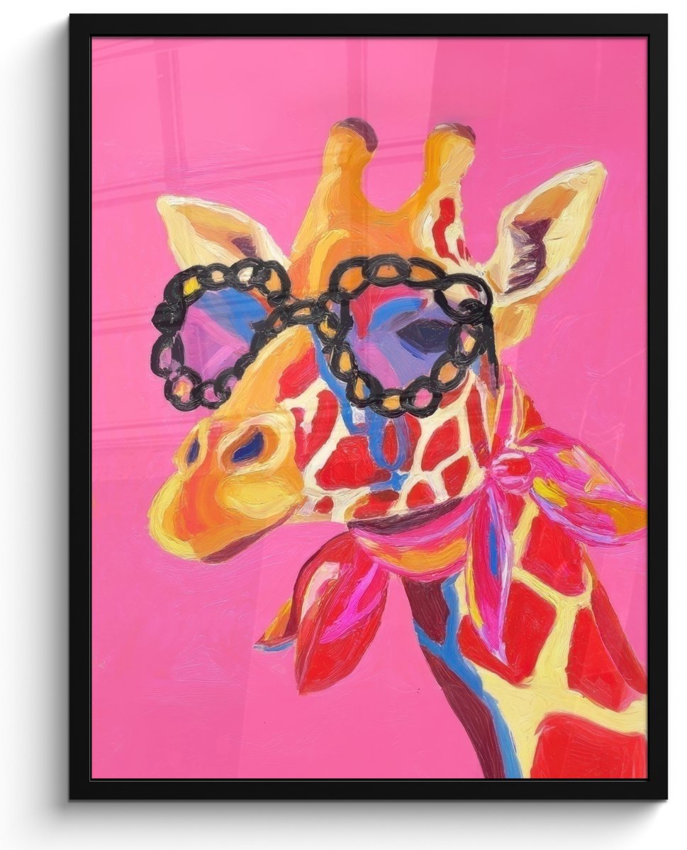 FrameYourWall Poster in lijst - Fotolijst 60x80 cm - Posters - Giraf - Roze - Bril - Sjaal - Posterlijst zwart - Decoratie - Wanddecoratie woonkamer - Muurdecoratie slaapkamer