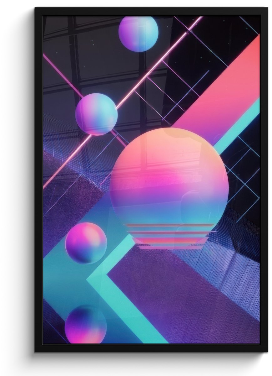 FrameYourWall Poster in lijst - Fotolijst 60x90 cm - Posters - Cirkels - Vlakken - Abstract - Blauw - Posterlijst zwart - Decoratie - Wanddecoratie woonkamer - Muurdecoratie slaapkamer Cirkels - Neon