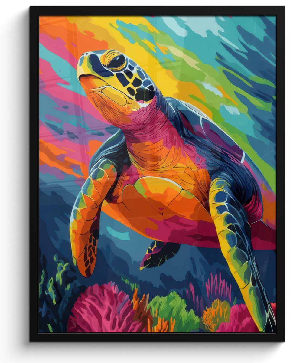FrameYourWall Poster in lijst - Fotolijst 60x80 cm - Posters - Koraal - Schildpad - Abstract - Water - Posterlijst zwart - Decoratie - Wanddecoratie woonkamer - Muurdecoratie slaapkamer Schildpad - Kleurrijk